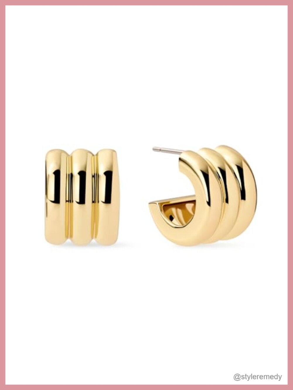 14K Gold Plated Triple Hoop Huggie Earrings Chunky Stacked Statement